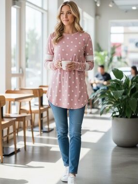 NWT Women's Long Sleeve Polka Dot Tunic Top Blouse